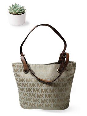 Michael Kors Jet Set Medium Travel Tote Beige MK Monogram Canvas Shoulder Bag